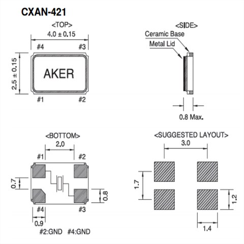 AKER晶振,贴片晶振,CXAN-431晶振,金属面封装四脚贴片晶振