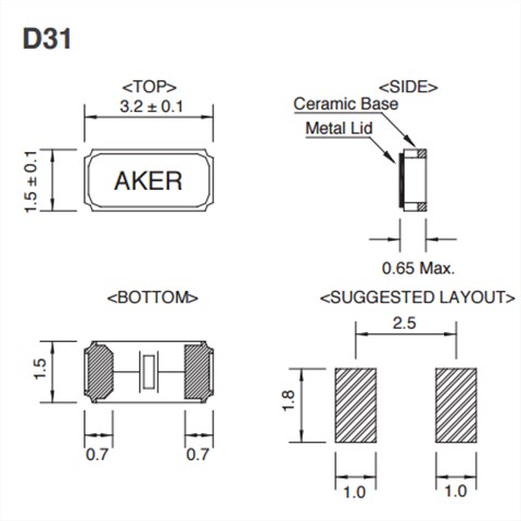 AKER晶振,贴片晶振,D31晶振,时钟钟表贴片晶振