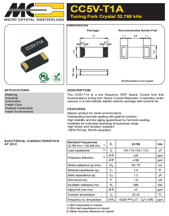 微晶晶振,贴片晶振,CC5V-T1A晶振,CC5V-T1A-32.768kHz-12.5pF-20PPM-TA-QC晶振