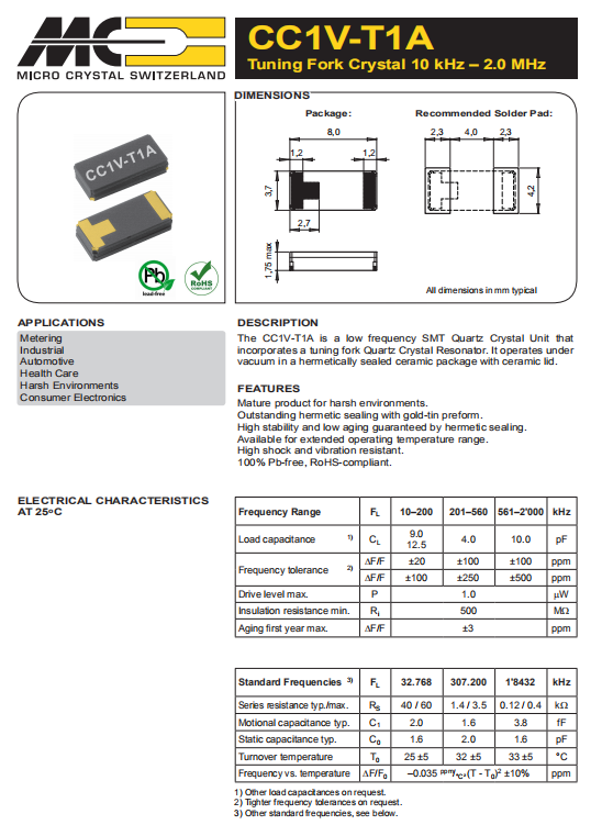 微晶晶振,贴片晶振,CC1V-T1A晶振,CC1V-T1A-32.768kHz-9pF-30PPM-TC-QC晶振