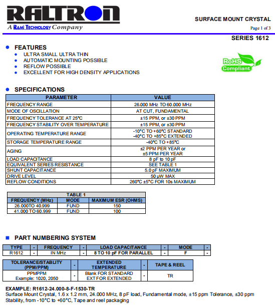Raltron晶振,贴片晶振,R1612晶振,环保晶振