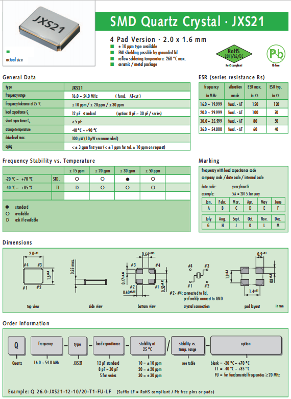 Jauch晶振,贴片晶振,JXS21晶振,石英晶体谐振器
