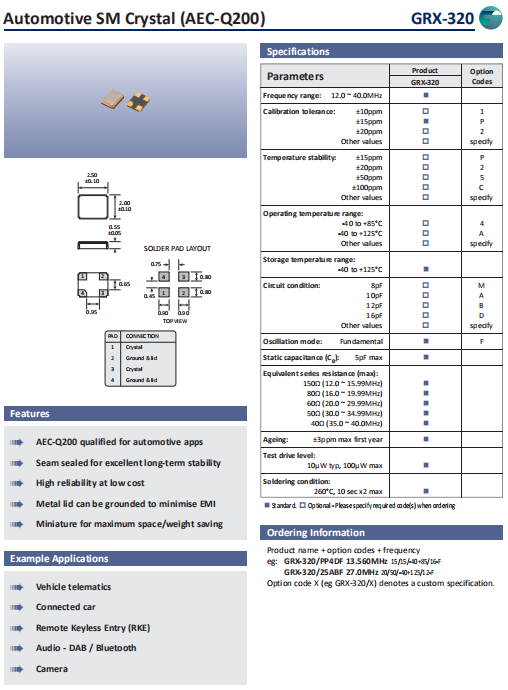 Golledge晶振,贴片晶振,GRX-320晶振,耐高温车载晶振