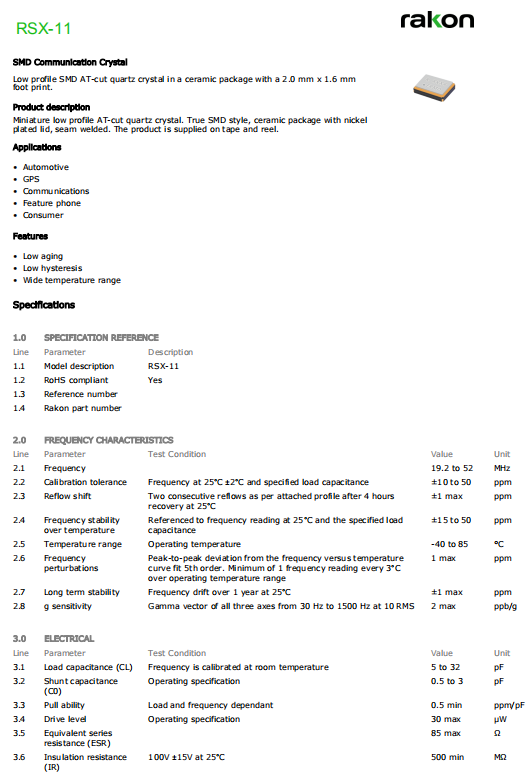 RAKON晶振,贴片晶振,RSX-11晶振,压电石英晶振