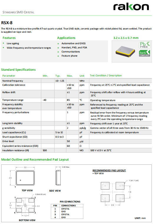 RAKON晶振,贴片晶振,RSX-8晶振,石英水晶振子